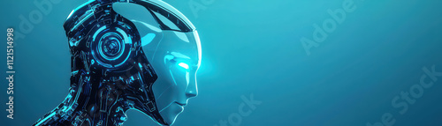 futuristic robotic head with glowing blue eyes and intricate circuitry. sleek design showcases advanced technology and innovation, evoking sense of wonder and curiosity