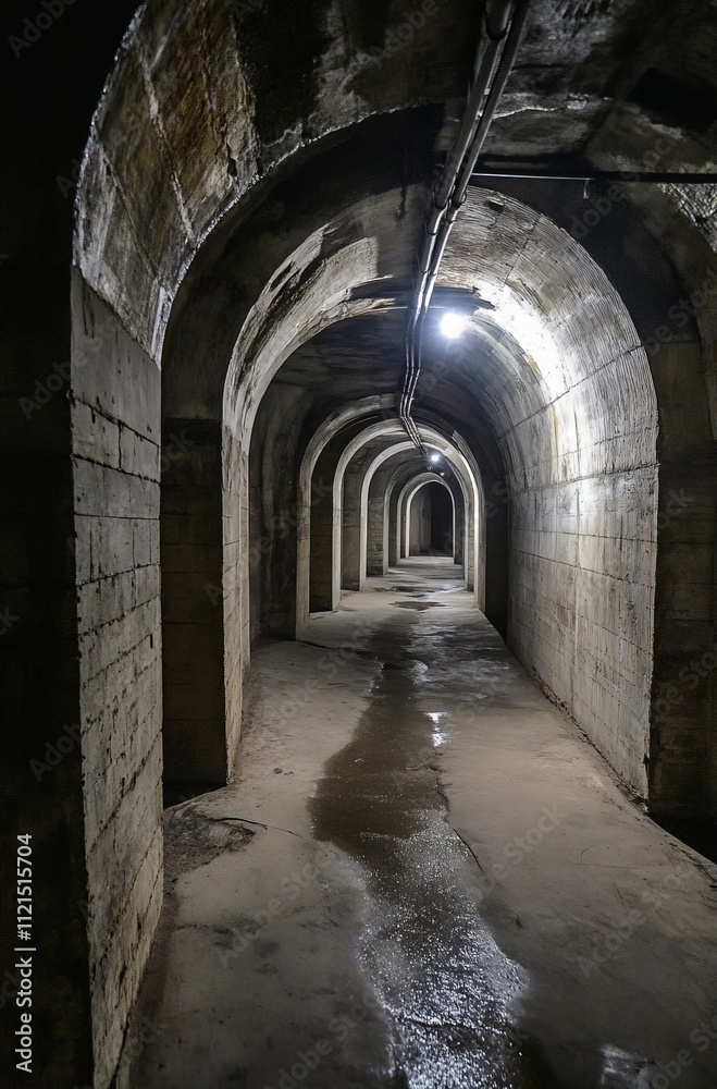 Mysterious underground tunnel with dim lighting and arched stone structure Mysterious underground tunnel with dim lighting and arched stone structure