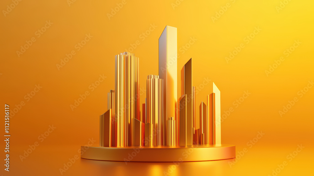 sleek futuristic skyline with towering metallic structures against vibrant yellow background, showcasing modern architecture and design elements sleek futuristic skyline with towering metallic structures against vibrant yellow background, showcasing modern architecture and design elements