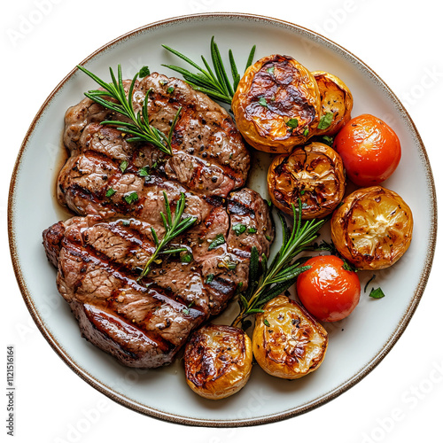 roasted beef steak with potato and rosemary.