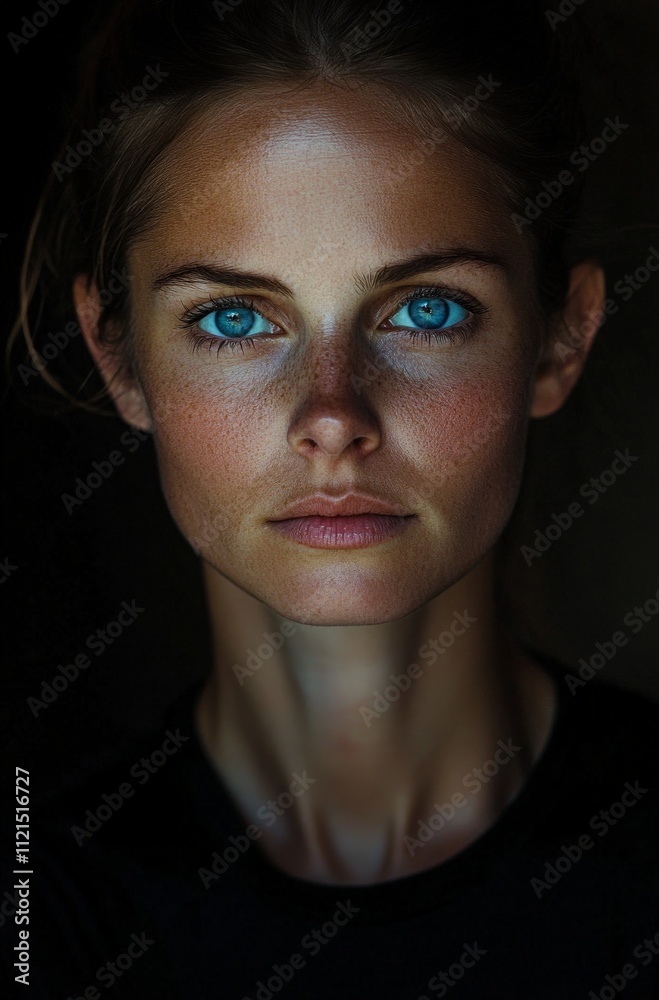 Fototapeta premium Portrait of a young caucasian female with striking blue eyes in natural light