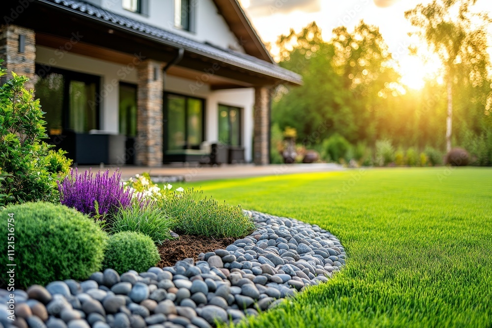 Obraz premium Serene Home Garden with Lush Green Lawn, Decorative Stones, Colorful Flowers, and Warm Sunset Light in the Background