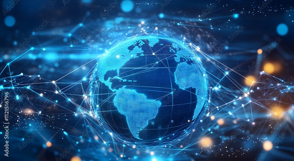 A blue hologram of the Earth floating in space and giving the idea of global internet communication on mobile. Concept of smartphone digital connection with cloud services around the world. A blue hologram of the Earth floating in space and giving the idea of global internet communication on mobile. Concept of smartphone digital connection with cloud services around the world.