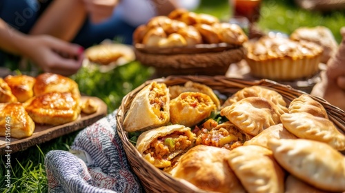 A delightful picnic with savory pastries, a sunny outdoor gathering featuring golden-brown empanadas and other baked goods.