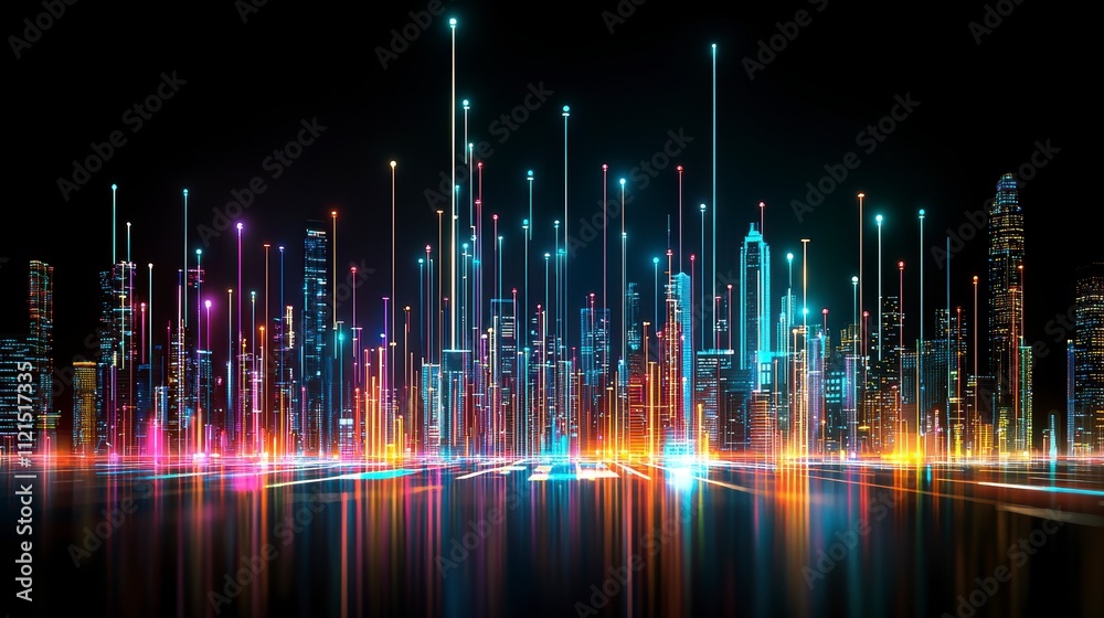 Futuristic Cityscape at Night with Neon Lights and Data Streams.