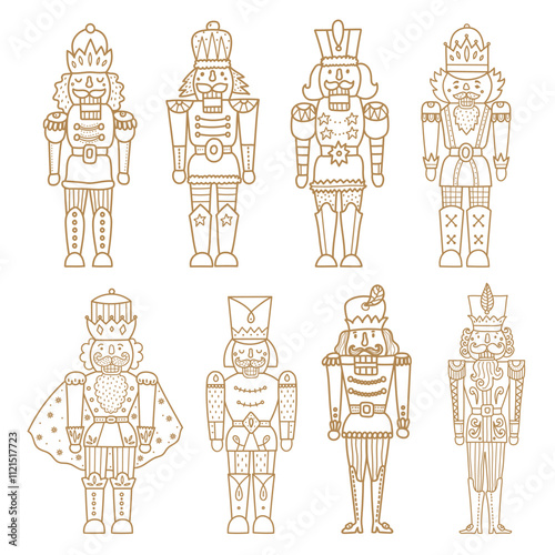 Nutcracker line set. Golg Collection of minimalistic icons for site. Toy or mascot for children. Stickers for social networks and messengers. Flat vector illustrations isolated on white background