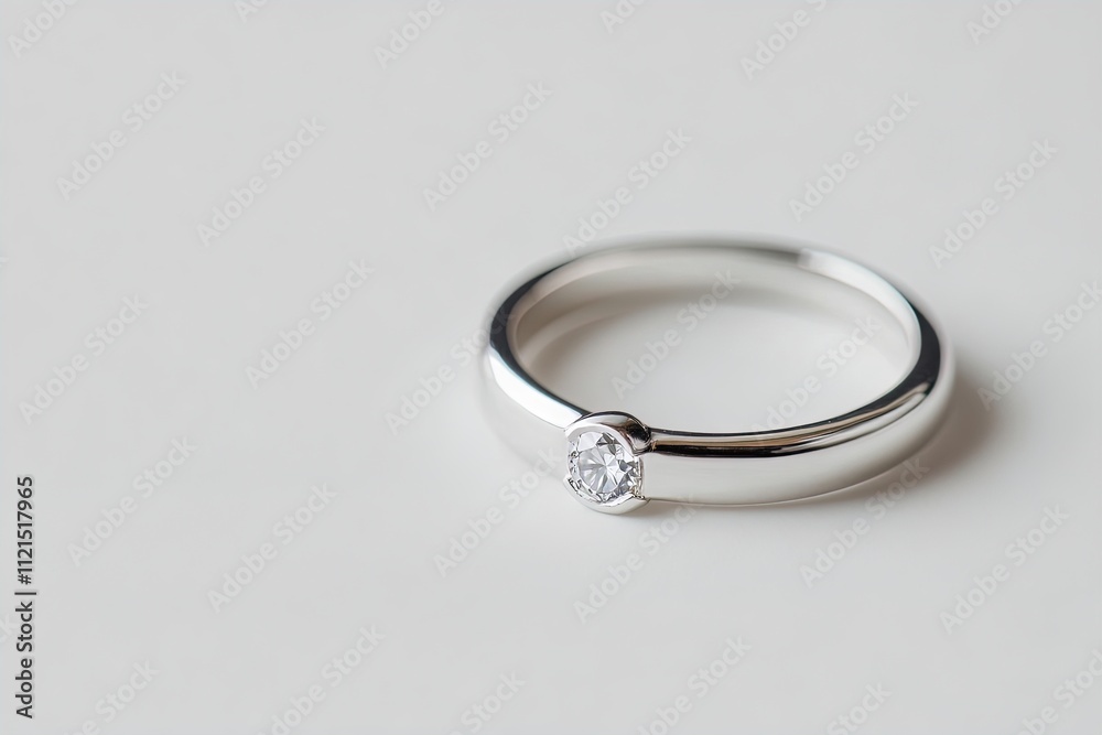 Elegant silver ring with a single diamond placed on a light surface in a well-lit setting Elegant silver ring with a single diamond placed on a light surface in a well-lit setting