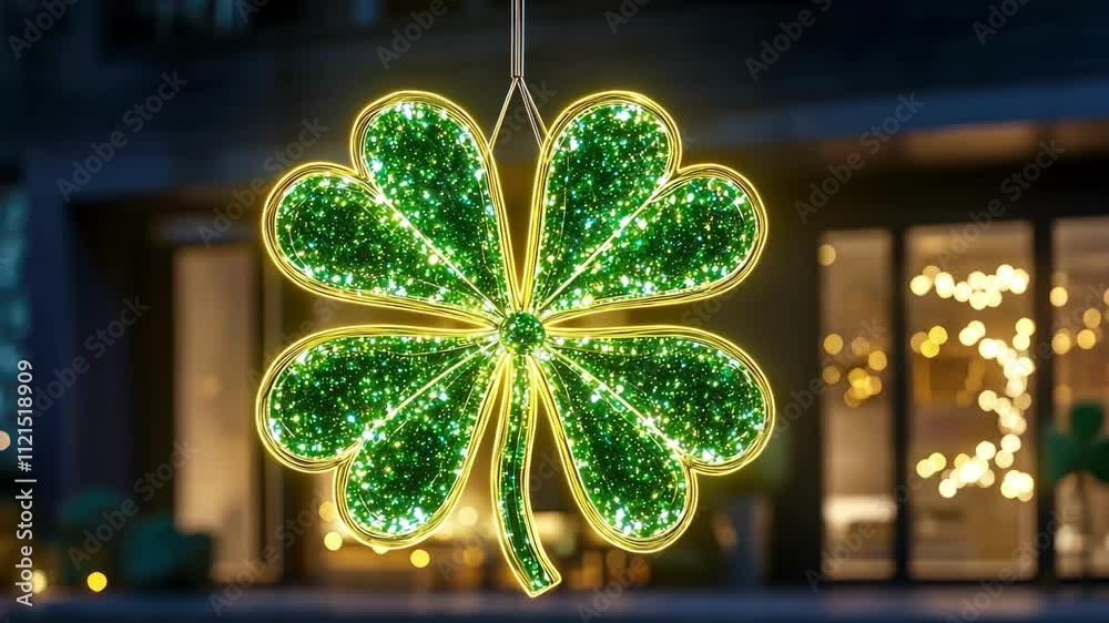 Glowing four-leaf clover with green glitter against blurred background. Happy St. Patrick's Day. Saint Patrick
