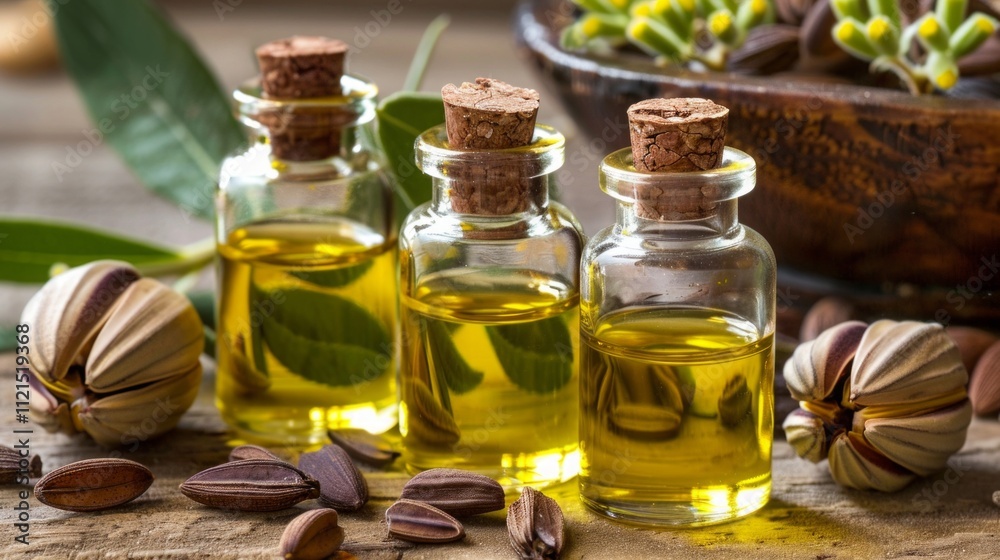Jojoba oil bottle with a small jar of cream, surrounded by jojoba seeds and green leaves, promoting organic skincare and natural beauty products. Generative AI Jojoba oil bottle with a small jar of cream, surrounded by jojoba seeds and green leaves, promoting organic skincare and natural beauty products. Generative AI