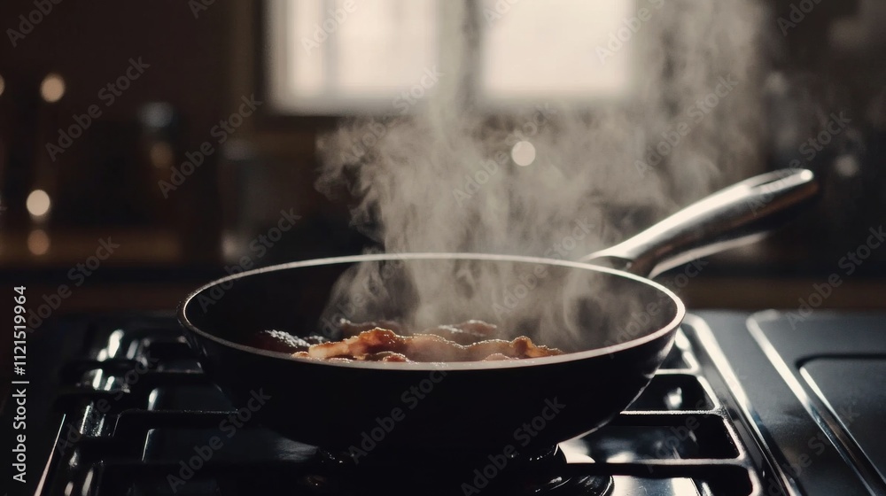 Cooking in Kitchen with Steam Rising from Frying Pan on Stove Cooking in Kitchen with Steam Rising from Frying Pan on Stove