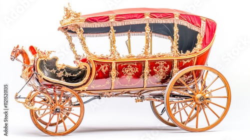 A luxurious red and gold carriage adorned with a decorative canopy, isolated against a pristine white background photo