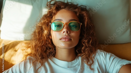 A young woman with voluminous curly hair, wearing stylish teal-colored sunglasses, rests against a soft background of pillows, exuding a relaxed and serene aura. photo