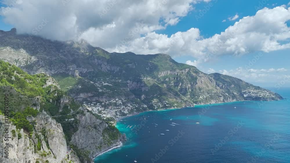 Amalfi Drive over Positano from a drone, Amalfi Coast, Positano, Italy, Europe Amalfi Drive over Positano from a drone, Amalfi Coast, Positano, Italy, Europe
