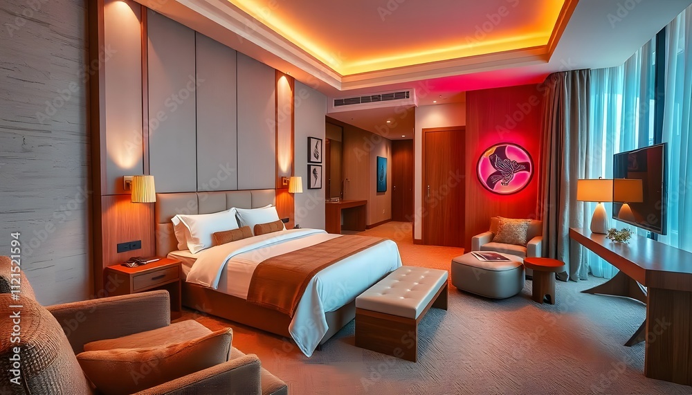 Tidy hotel room with brown curtains Tidy hotel room with brown curtains