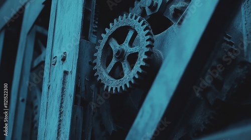 Close-up of intricate machine gears with a blue tone, showcasing detailed mechanical parts in a shallow depth of field, representing precision engineering, technology, and industrial machinery photo