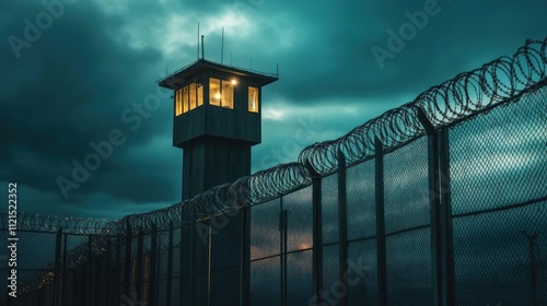 A prison watchtower under a moody sky, illuminated and surrounded by barbed wire fencing.