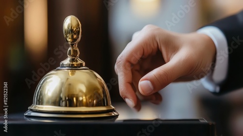 Close-up of a hand pressing the front desk bell in a hotel, attempting to call the reception for service, symbolizing customer service, hospitality, and communication in the hotel industry photo