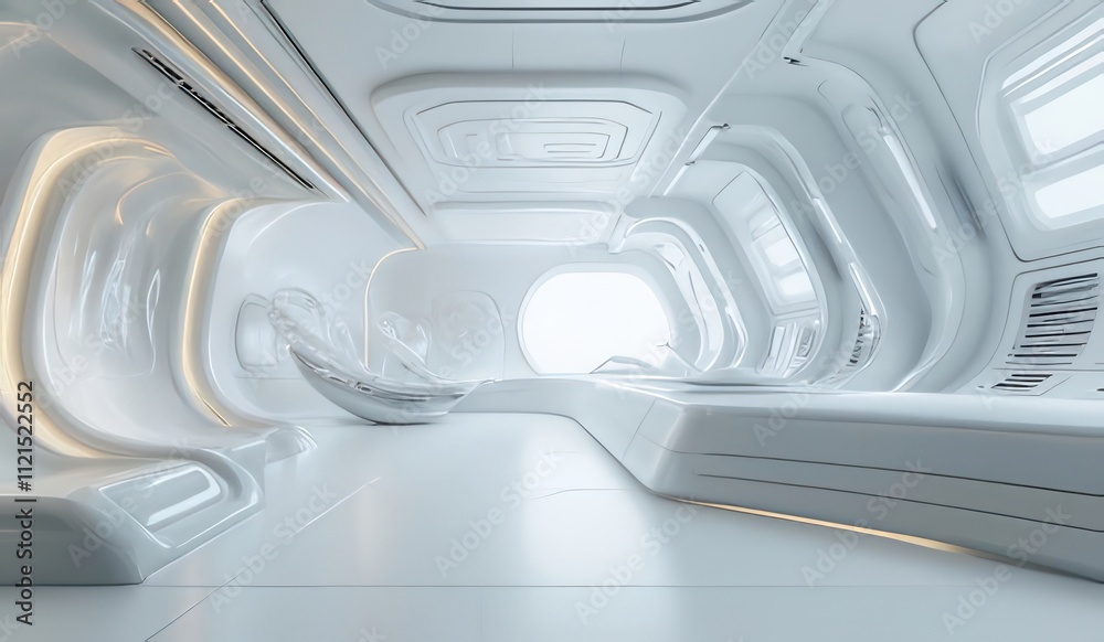 Futuristic white spaceship interior with glowing lights and sleek design. Futuristic white spaceship interior with glowing lights and sleek design.