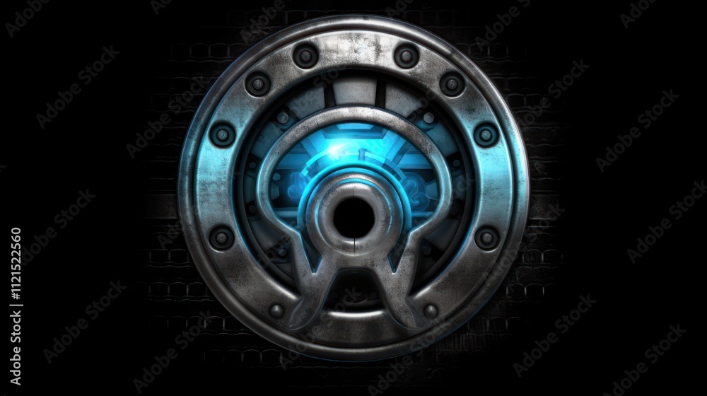 A metallic circular design with a glowing blue center, suggesting a technological theme. A metallic circular design with a glowing blue center, suggesting a technological theme.