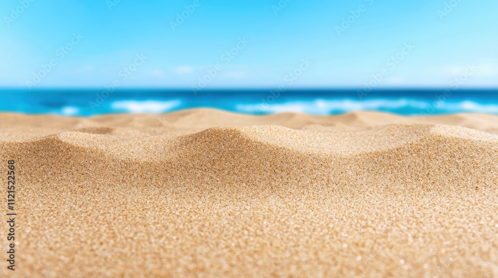 A close-up view of golden sand dunes with a clear blue sky and ocean waves in the background, evoking a serene beach atmosphere. A close-up view of golden sand dunes with a clear blue sky and ocean waves in the background, evoking a serene beach atmosphere.