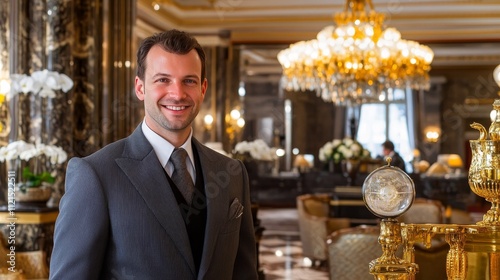 Happy hotel concierge welcoming guests with a warm smile and looking at the camera, offering professional service and hospitality at the reception desk in a luxury hotel environment photo