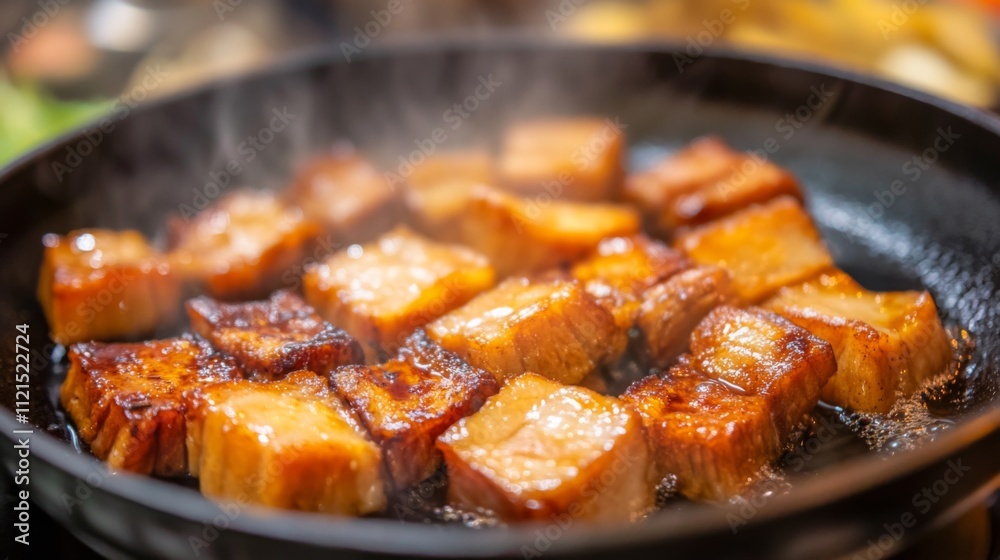 Crispy Golden Cooked Pork Belly in Sizzling Hot Pan