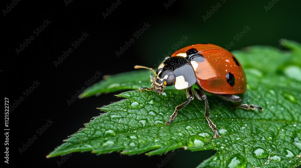 Obraz premium A vibrant ladybug perched on a green leaf, adorned with dew drops, showcasing nature's intricate beauty and details.