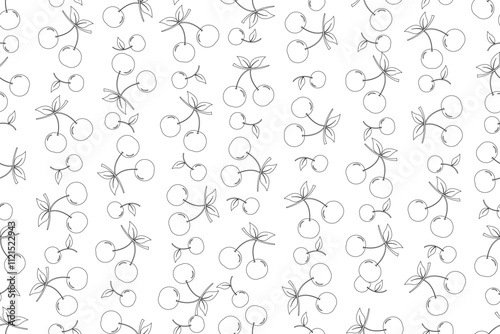 Abstract drawing of cherries outline doodle seamless pattern, black outlines on white background.