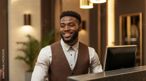 Friendly receptionist welcoming guests in a luxury hotel lobby, providing excellent customer service to new visitors. Elegant hotel interior with stylish decor and hospitality atmosphere photo