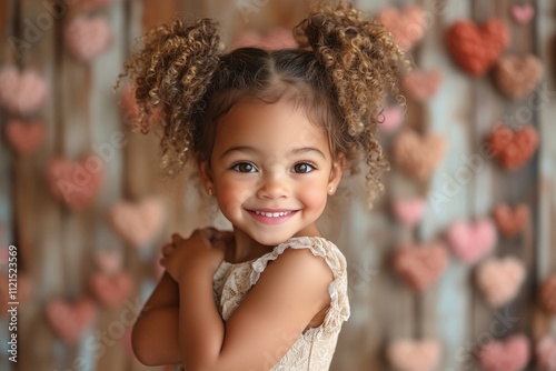 a little girl giving herself a big Valentine hug with hearts in the background on mocha 