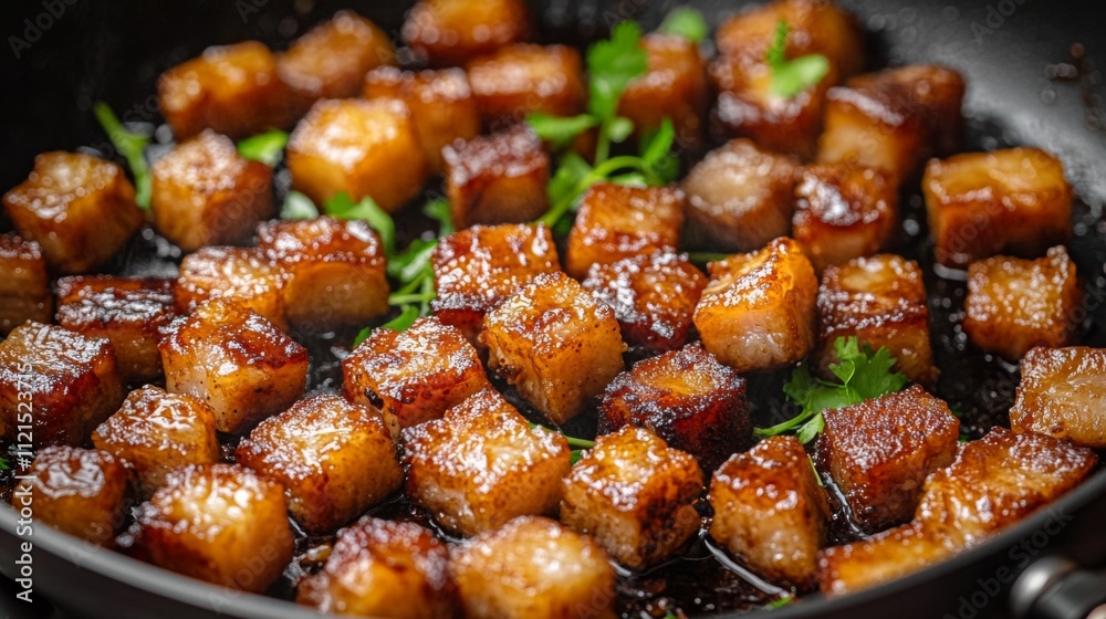 Deliciously Crispy Fried Cubes with Fresh Green Garnish in Pan Deliciously Crispy Fried Cubes with Fresh Green Garnish in Pan
