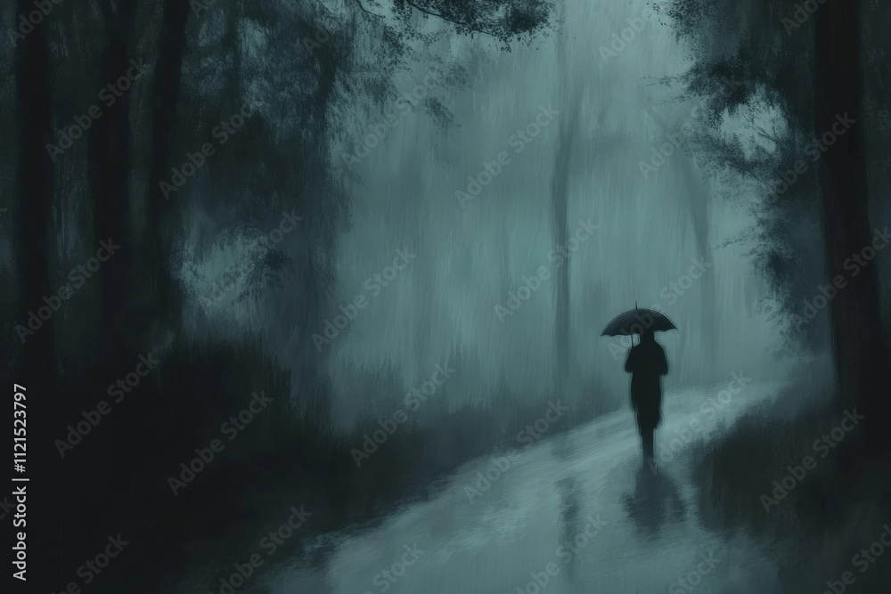 Obraz premium Silhouette of person with umbrella on rainy forest path