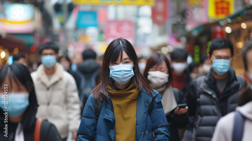 A woman wearing a mask walks down a street with other people