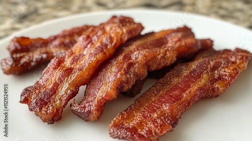 Crispy Cooked Bacon Strips on White Plate in Bright Light