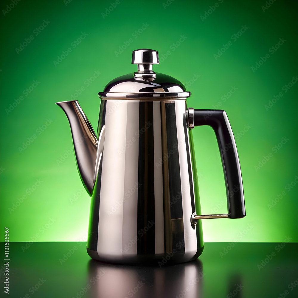 Obraz premium a black and silver coffee pot is on a green background