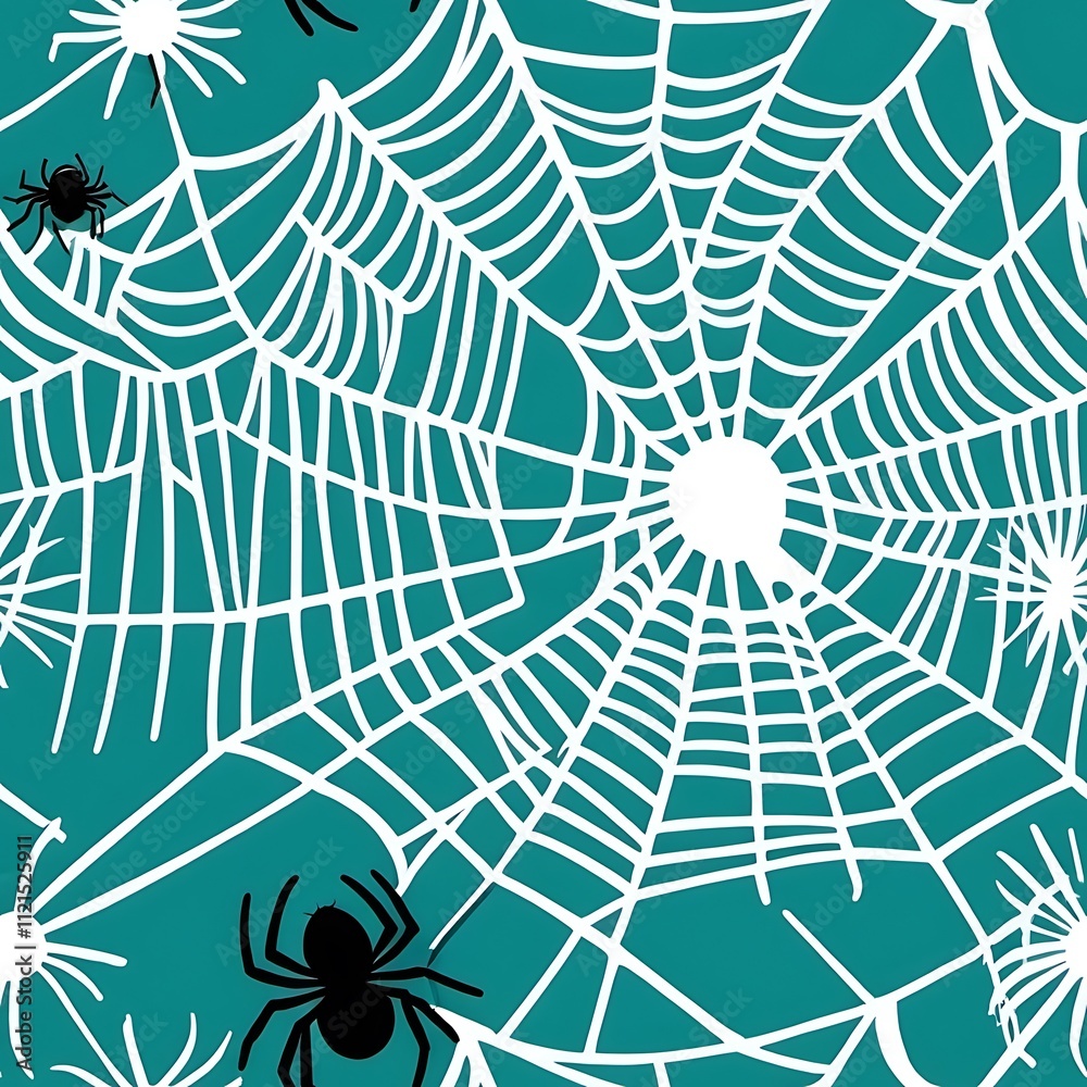 Obraz premium Spooky Spiderweb Seamless Pattern: A teal background is adorned with a repeating pattern of intricately detailed white spiderwebs, each punctuated by small, silhouetted black spiders.