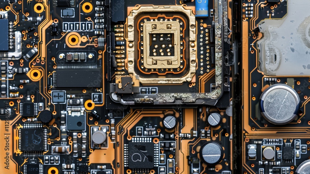 Fototapeta premium Disassembled mobile phone components electronic chip and cpu for repair and technology promotions