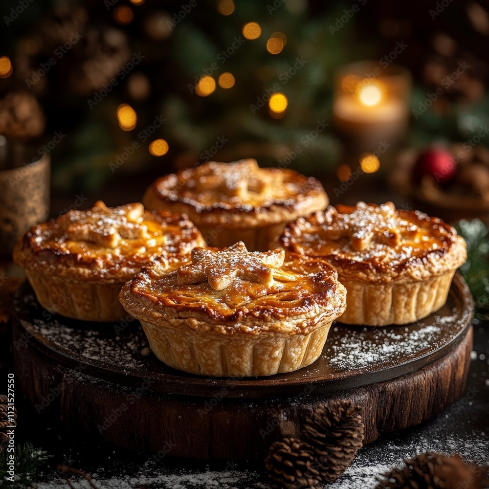 Traditional mince pies with star tops on a platter Traditional mince pies with star tops on a platter