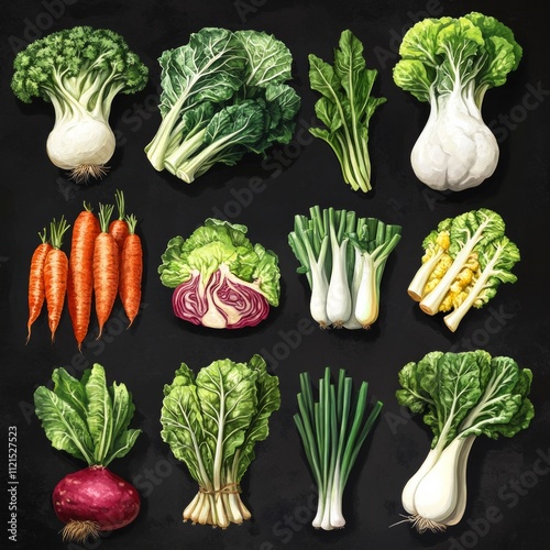 Variety of fresh vegetables: broccoli, kale, carrots, and more on black surface photo