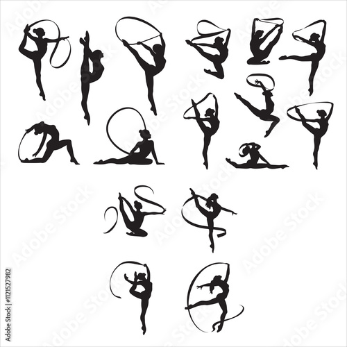 set of black various poses ribbon rhythmic gymnastics vector silhouette