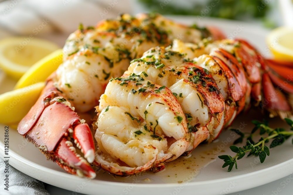 Delicious lobster tail plated elegantly on white porcelain with lemon garnish coastal seafood cuisine gourmet dining experience inviting atmosphere culinary delight Delicious lobster tail plated elegantly on white porcelain with lemon garnish coastal seafood cuisine gourmet dining experience inviting atmosphere culinary delight