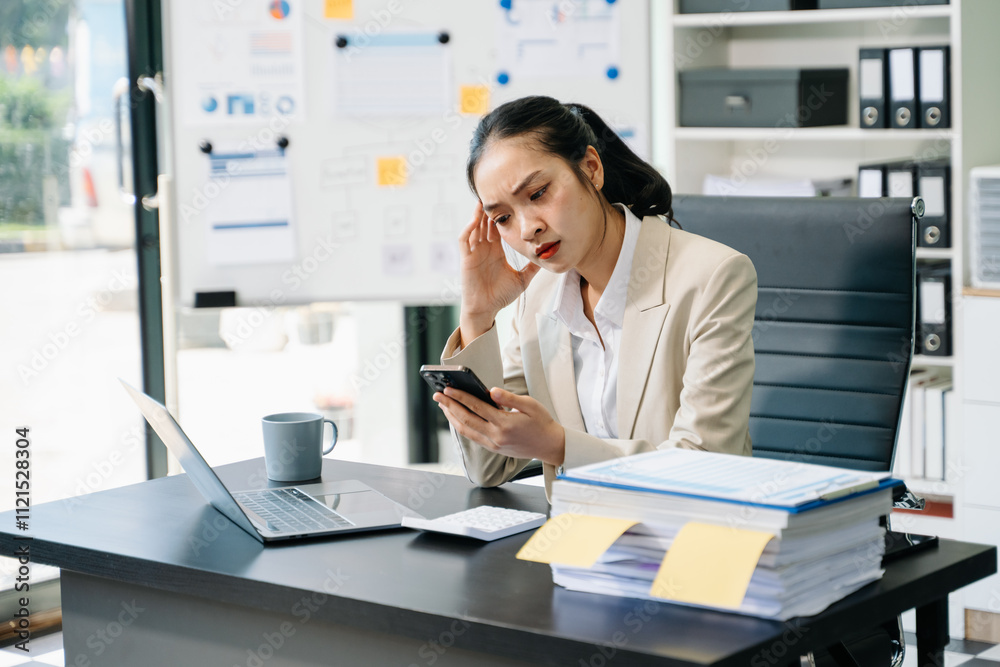 Businesswoman working in the office with working notepad, tablet and laptop documents Businesswoman working in the office with working notepad, tablet and laptop documents