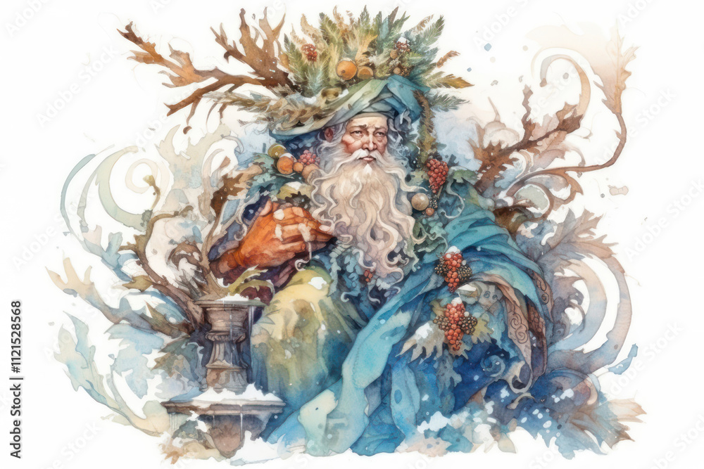 an old sage or the spirit of winter, wrapped in luxurious robes decorated with elements of nature. an old sage or the spirit of winter, wrapped in luxurious robes decorated with elements of nature.