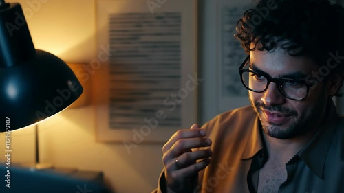 Young man with glasses reacts intently to adult content on computer screen, illuminated by monitor glow and desk lamp. Personal late-night moment of genuine surprise and guilty pleasure expression.
