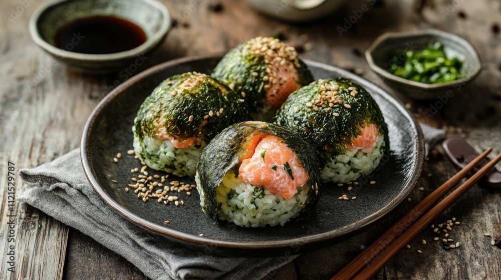 Fresh Sushi Rice Balls with Salmon and Nori on Rustic Wooden Table Fresh Sushi Rice Balls with Salmon and Nori on Rustic Wooden Table