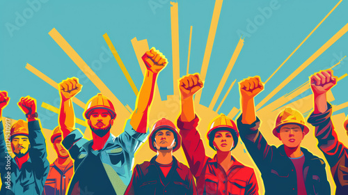 A group of workers are shown with their hands raised in the air