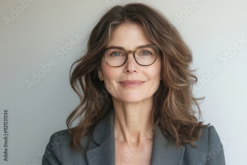 Portrait of a smiling middle-aged woman with glasses and wavy brown hair, wearing a gray blazer against a white background.