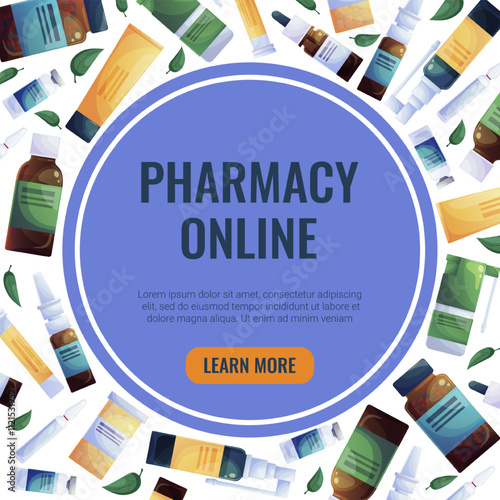 Banner design for an online pharmacy. Background of various medical preparations. Template for a poster, flyer, or web page. Vector illustration