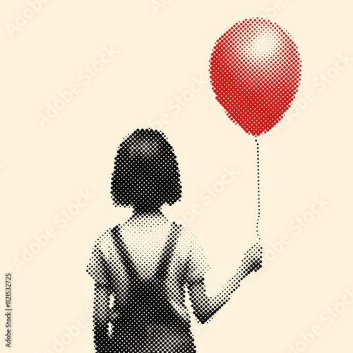 girl holding a red balloon, vintage halftone style illustration, stipple effect design