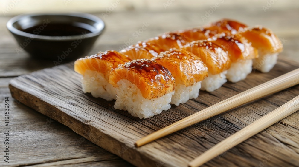Fresh Sushi with Glazed Salmon on Wooden Plate with Chopsticks